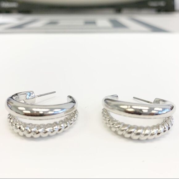 Silver Textured Metal Double Hoop Huggies - Picture 4 of 5